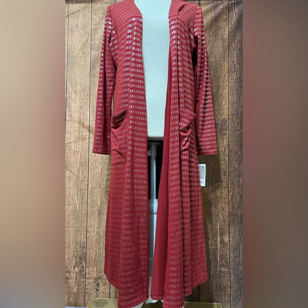 Lularoe Sweater Cover Up, Red and Metallic Silver, Size Large
